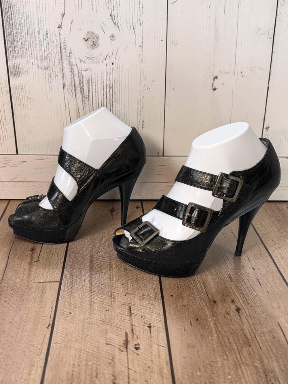 Michael Kors Black Leather Triple Buckle Peep Toe Platform Heels 7.5